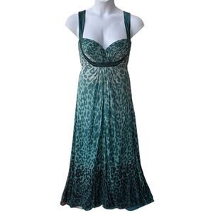 Tadashi Collection Teal Silk Ombre Leopard Maxi Dress with Satin Trim size 10